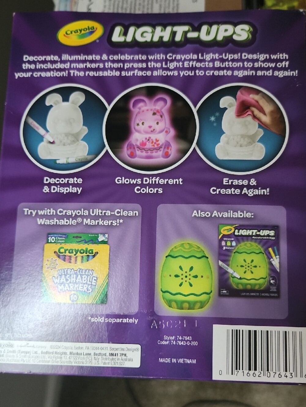 Crayola Light-Ups Recolorable Bunny in Purple with Pink & Green Accents - Picture 2 of 2
